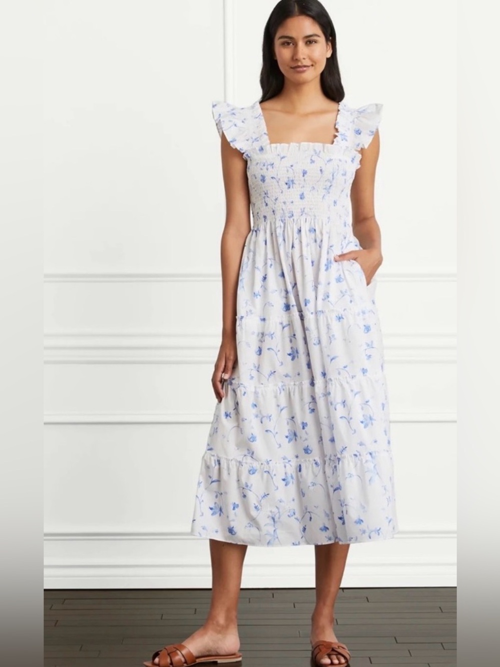 Hill House White Midi Dress with Blue Floral Print